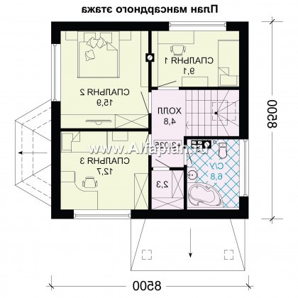 Проект дома с мансардой, планировка 3 спальни, с эркером и кабинетом на 1 эт, для маленького участка - превью план дома