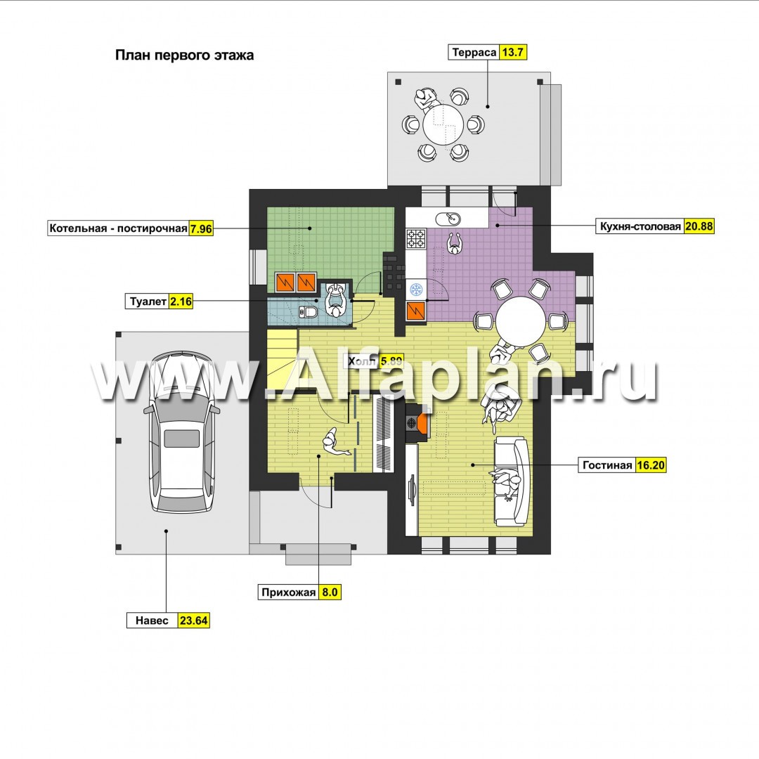 Проекты домов Альфаплан - Компактный коттедж с навесом - изображение плана проекта №1