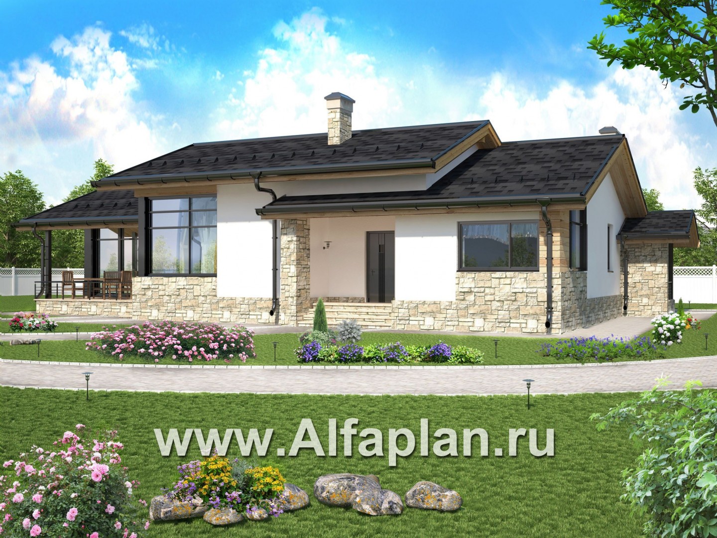 Проекты домов Альфаплан - Одноэтажный дом с тремя спальнями - дополнительное изображение №1