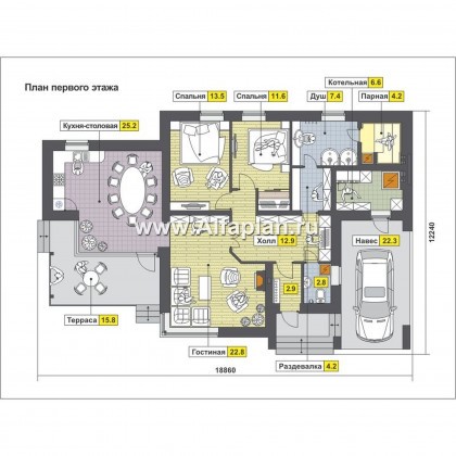Проекты домов Альфаплан - Одноэтажный дом с тремя спальнями - превью плана проекта №1