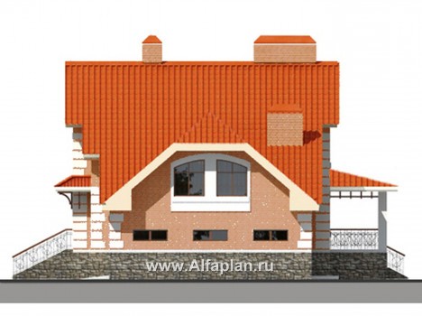 Проект дома с мансардой, план с эркером и с террасой, с гаражом и с цокольным этажом - превью фасада дома