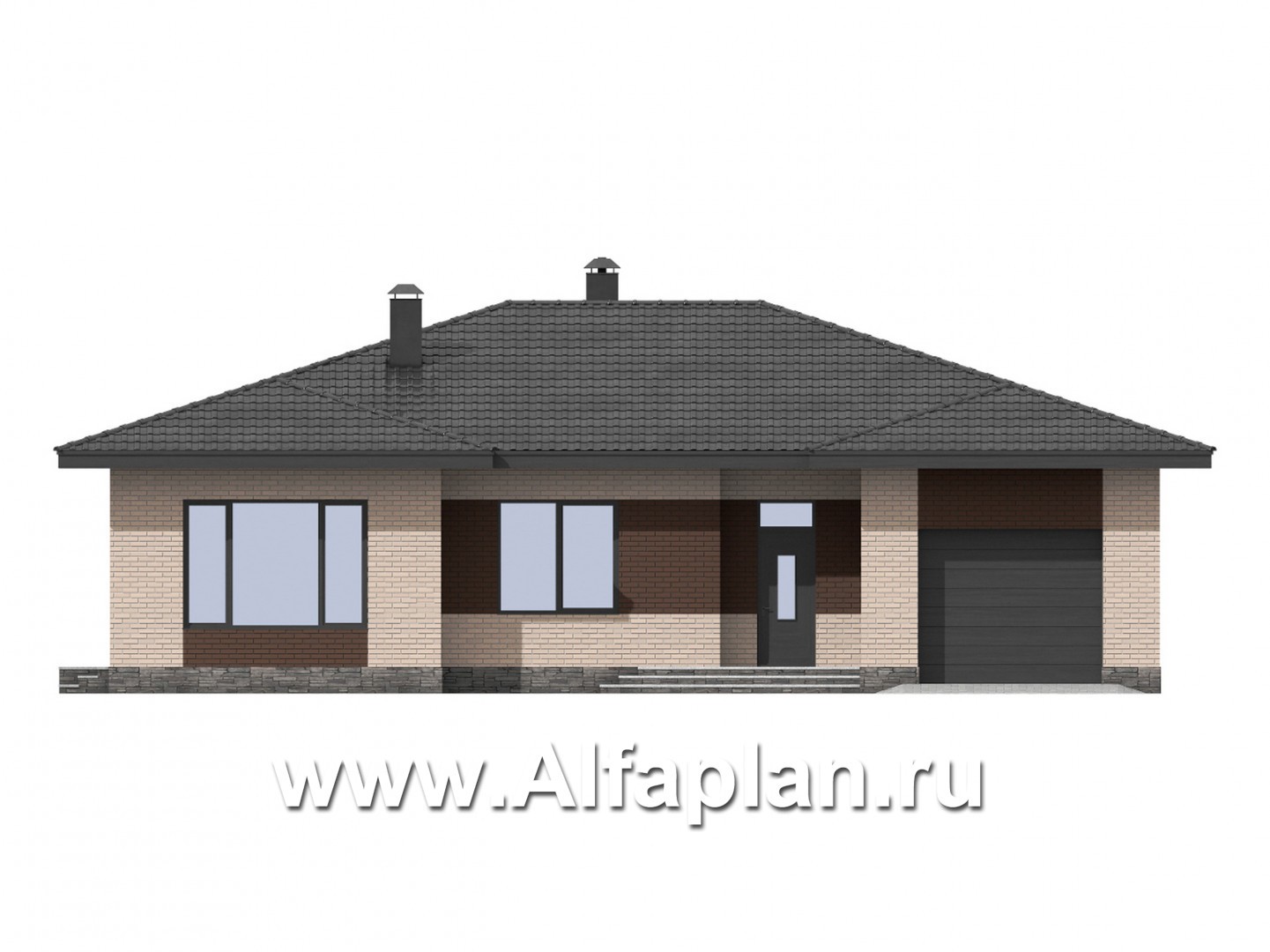 Проекты домов Альфаплан - Проект одноэтажного дома из газобетона с четырьмя спальнями и гаражом - изображение фасада №1