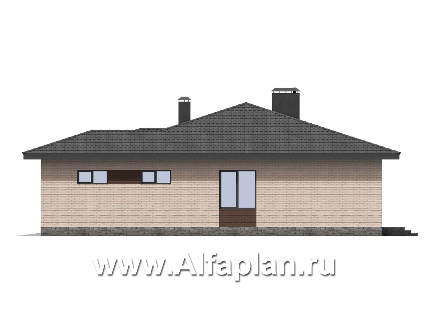 Проекты домов Альфаплан - Проект одноэтажного дома из газобетона с четырьмя спальнями и гаражом - изображение фасада №2