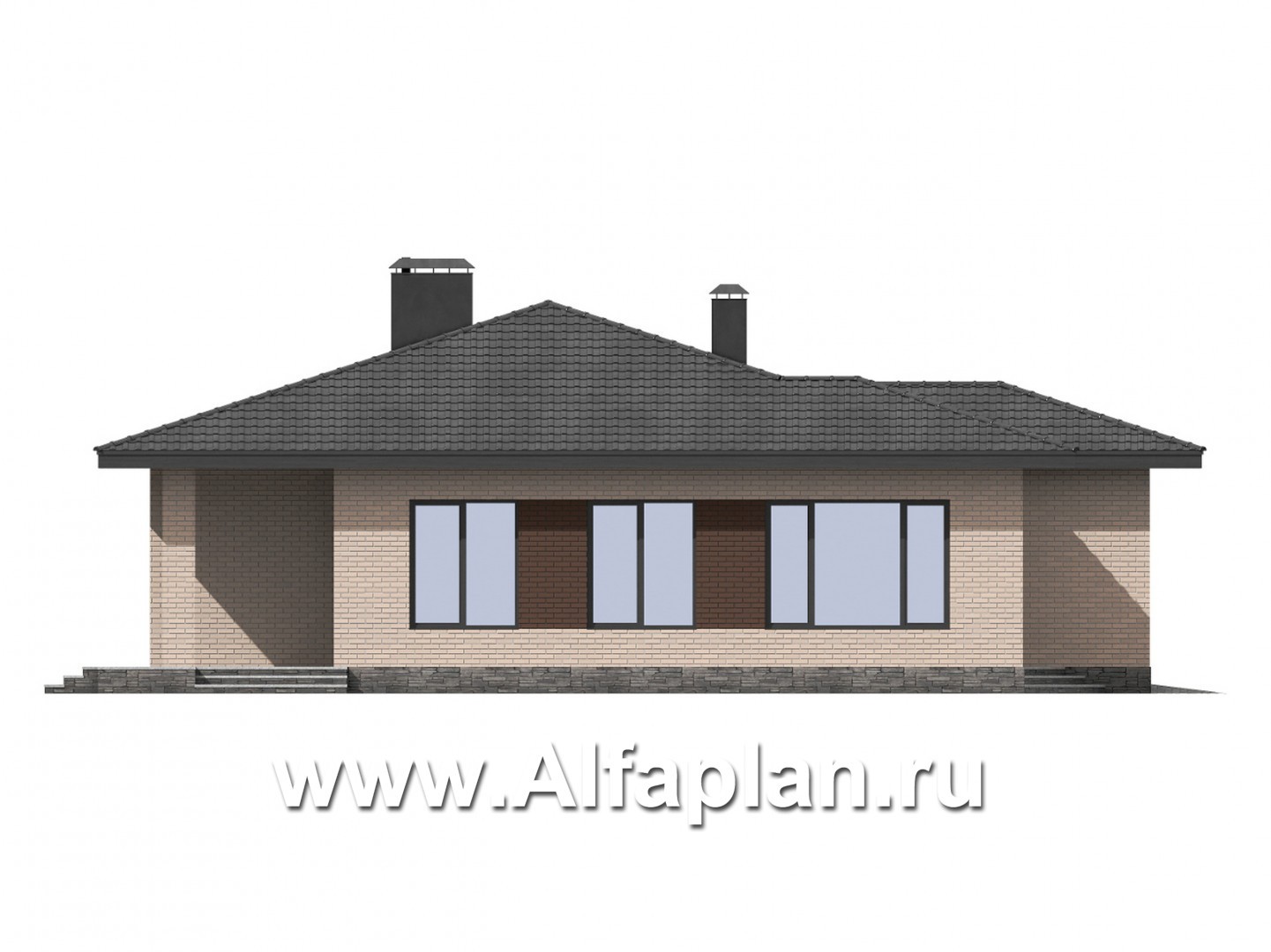 Проекты домов Альфаплан - Проект одноэтажного дома из газобетона с четырьмя спальнями и гаражом - изображение фасада №3