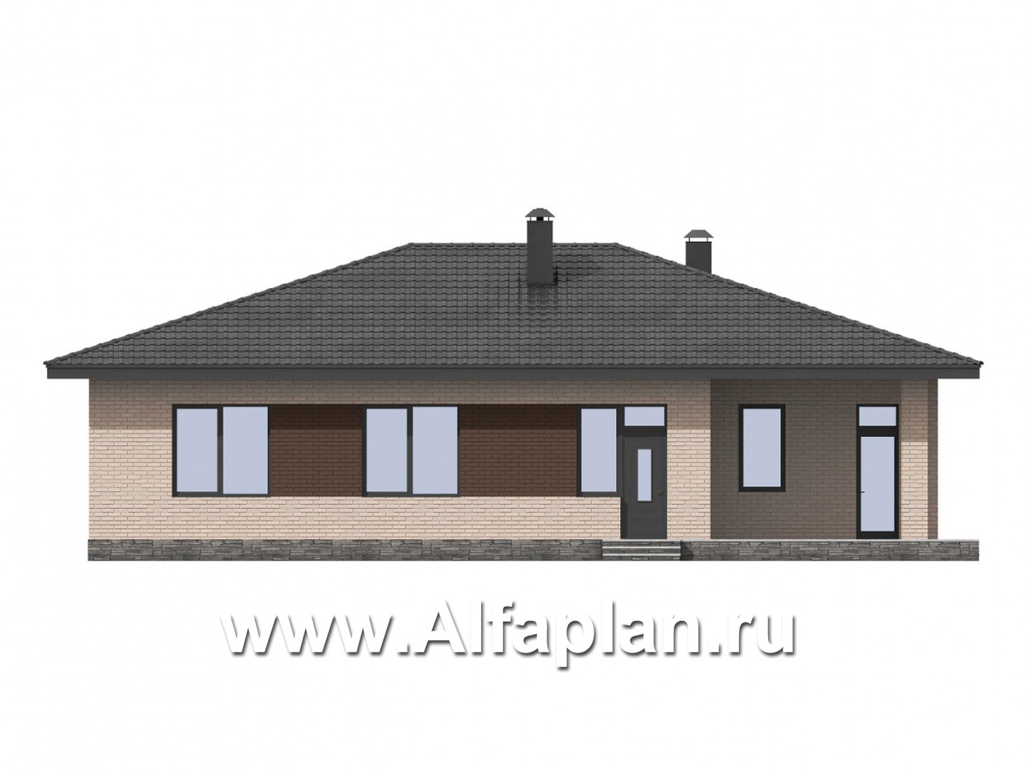 Проекты домов Альфаплан - Проект одноэтажного дома из газобетона с четырьмя спальнями и гаражом - изображение фасада №4