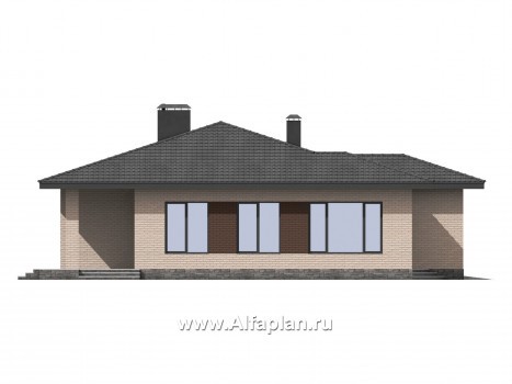 Проекты домов Альфаплан - Проект одноэтажного дома из газобетона с четырьмя спальнями и гаражом - превью фасада №3