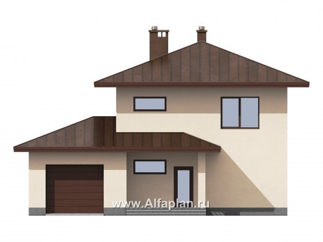 Проекты домов Альфаплан - Соверменный двухэтажный дом из газобетона с гаражом - превью фасада №1