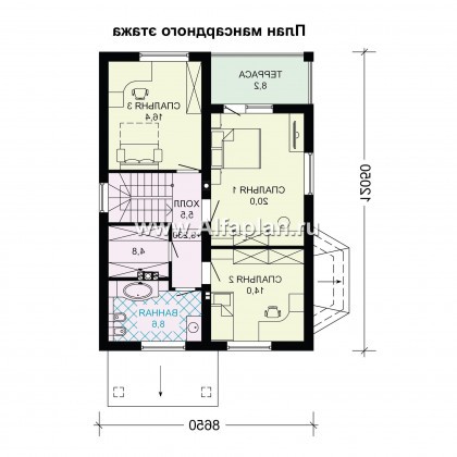 Проект дома с мансардой, планировка с террасой и кабинетом на 1 эт, с эркером - превью план дома