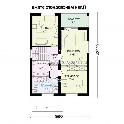 Проект дома с мансардой, планировка с террасой и кабинетом на 1 эт, с гаражом на 1 авто - превью план дома