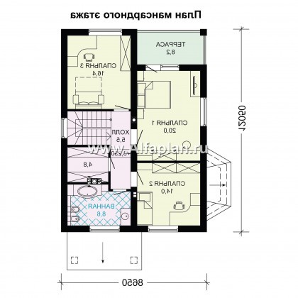 Проект дома с мансардой, планировка с террасой и кабинетом на 1 эт, с эркером и с гаражом на 1 авто - превью план дома