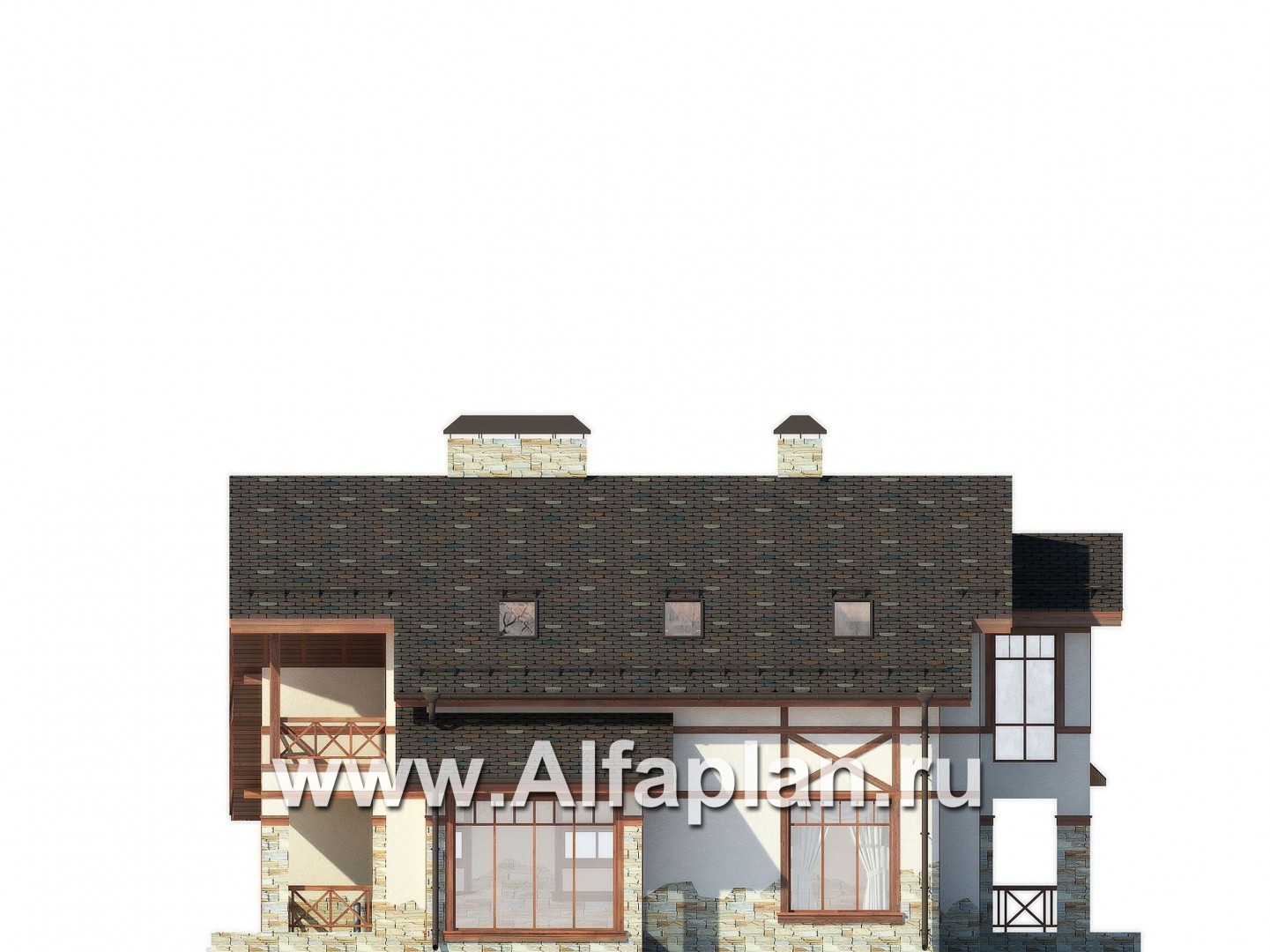 Проект дома с мансардой, планировка с террасой и кабинетом на 1 эт, с гаражом на 2 авто и сауной, в стиле фахверк - фасад дома