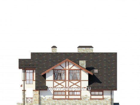 Проект дома с мансардой, планировка с террасой и кабинетом на 1 эт, с гаражом на 2 авто и сауной, в стиле фахверк - превью фасада дома