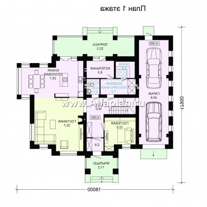 Проект дома с мансардой, планировка с террасой и кабинетом на 1 эт, с гаражом на 2 авто и сауной, в стиле фахверк - превью план дома