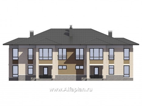 Проекты домов Альфаплан - Проект дома на две семьи с большими террасами-барбекю - превью фасада №1