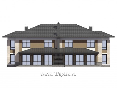 Проекты домов Альфаплан - Проект дома на две семьи с большими террасами-барбекю - превью фасада №3
