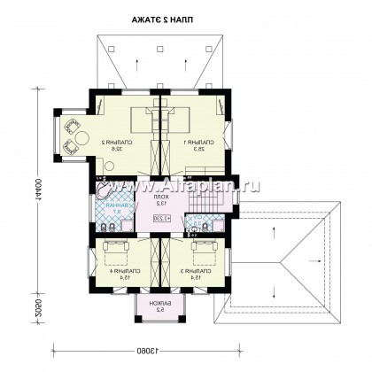 Проект двухэтажного дома из газобетона, планировка с гостевой и спальней на 1 эт, с террасой и с гаражом на 2 авто, в современном стиле - превью план дома