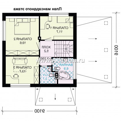 Проект дома с мансардой, 3 спальни, открытая планировка с камином, гостевая комната на 1 эт и навес на 1 авто - превью план дома