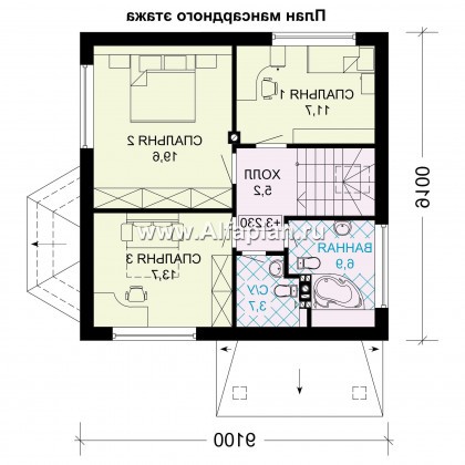 Проект дома с мансардой, 3 спальни, открытая планировка с камином и эркером, гостевая комната на 1 эт - превью план дома