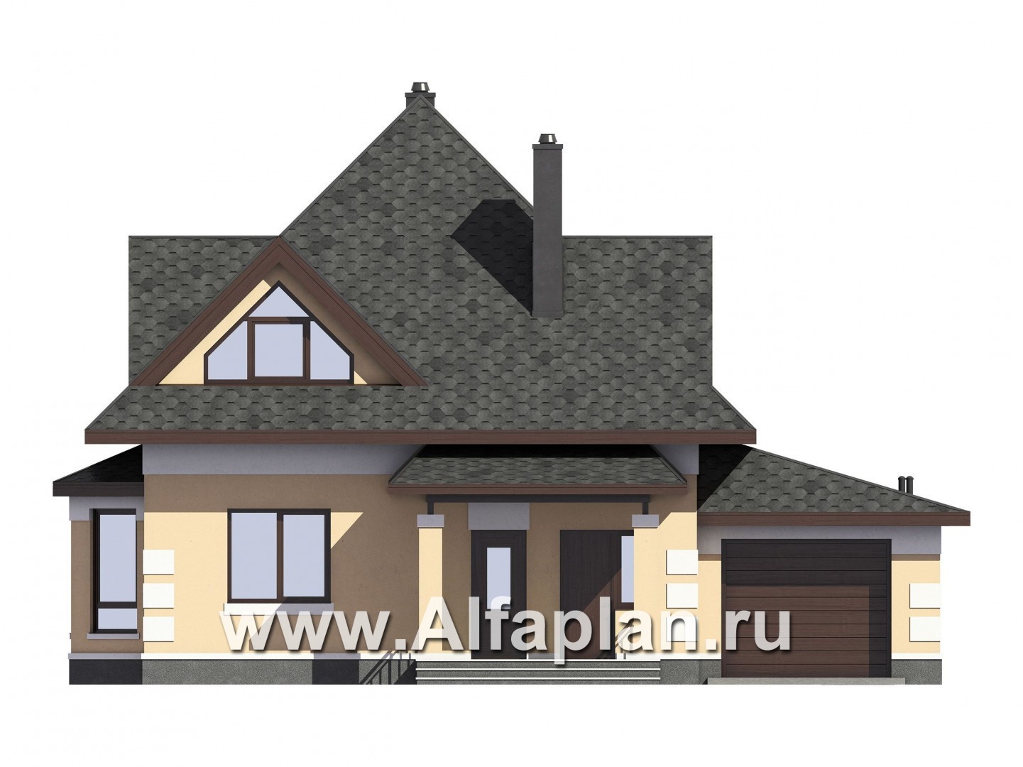 Проекты домов Альфаплан - Проект компактного мансардного дома c гаражом из газобетона - изображение фасада №1