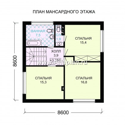 Проект дома с мансардой, 3 спальни, открытая планировка с камином - превью план дома