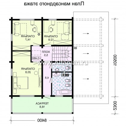 Проект двухэтажного дома из бруса, планировка с кабинетом и с террасой со стороны входа, с гаражом, в современном стиле - превью план дома