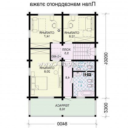 Проект двухэтажного дома из бруса, планировка с кабинетом и с террасой со стороны входа и балконом, в современном стиле - превью план дома