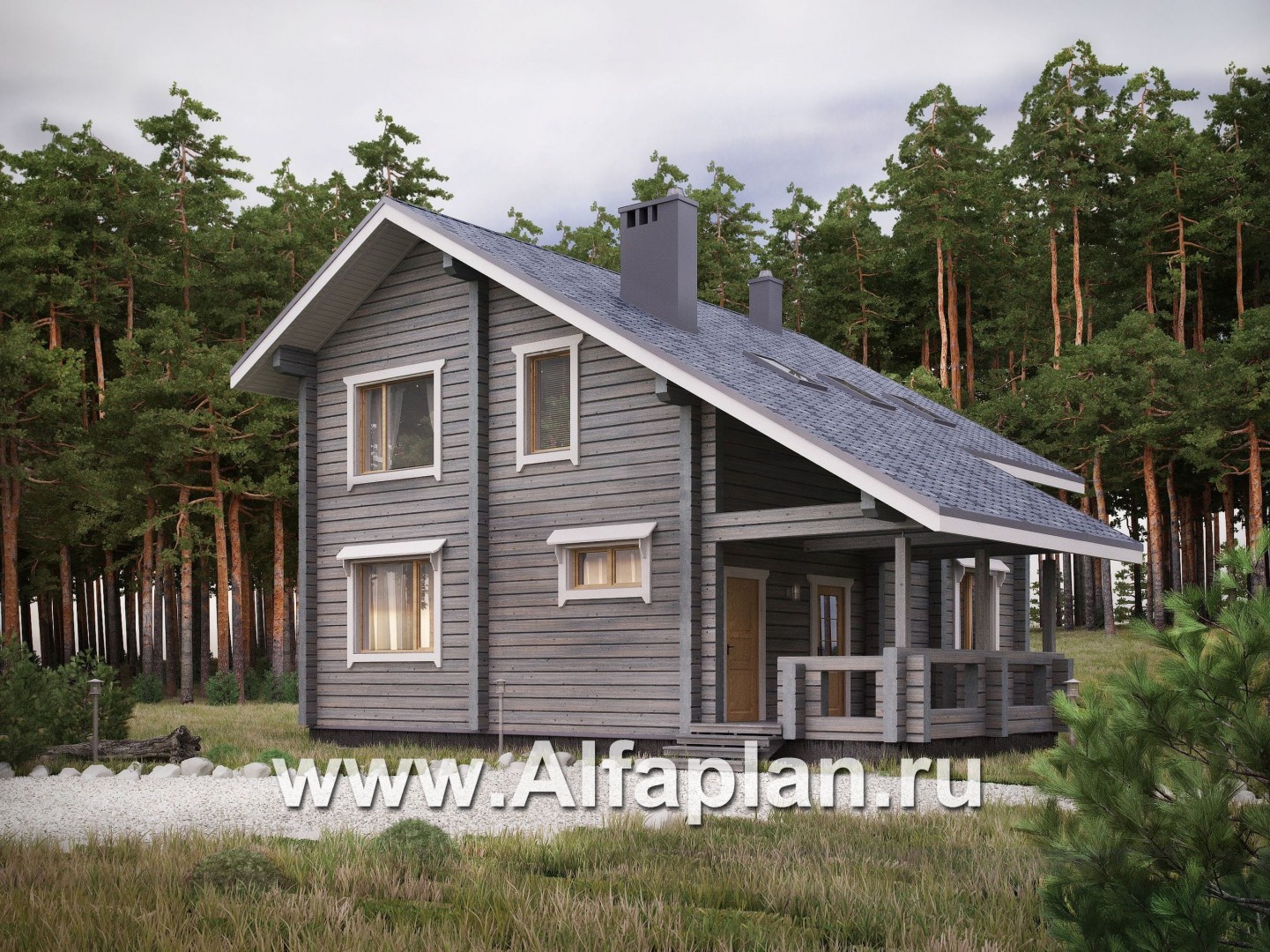 Проекты домов Альфаплан - Деревянный дом в стиле шале с простой двускатной кровлей - основное изображение