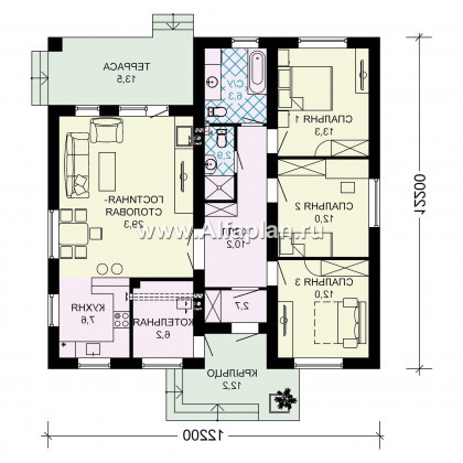 Проект одноэтажного коттеджа из газобетона, план 3 спальни и терраса, в современном стиле - превью план дома