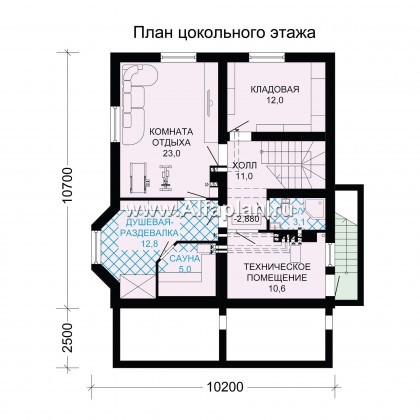 Проект двухэтажного дома из бруса, планировка с кабинетом и с эркером, терраса со стороны входа, с сауной в цокольном этаже - превью план дома