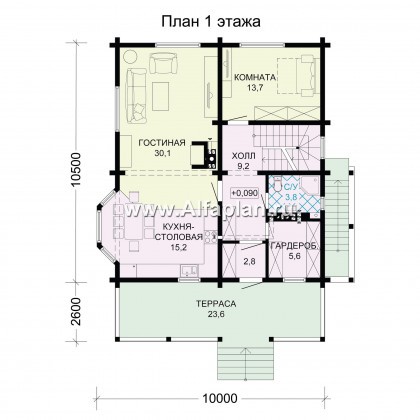 Проект двухэтажного дома из бруса, планировка с кабинетом и с эркером, терраса со стороны входа, с сауной в цокольном этаже - превью план дома