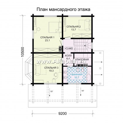 Проект двухэтажного дома из бруса, планировка с кабинетом и с эркером, терраса со стороны входа, с сауной в цокольном этаже - превью план дома