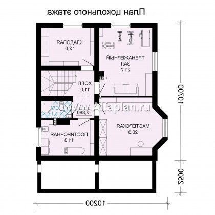 Проект двухэтажного дома из бруса, планировка с кабинетом и с эркером, терраса со стороны входа, с цокольным этажом - превью план дома