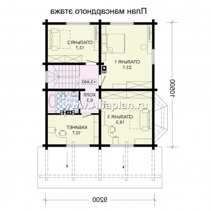 Проект двухэтажного дома из бруса, планировка с кабинетом и с эркером, терраса со стороны входа, с цокольным этажом - превью план дома