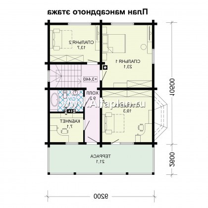 Проект двухэтажного дома из бруса, планировка с кабинетом и с эркером, терраса и балкон со стороны входа - превью план дома