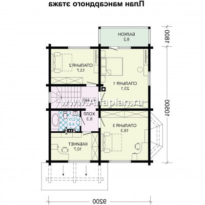 Проект двухэтажного коттеджа из бруса, планировка с кабинетом и с эркером, терраса со стороны входа - превью план дома