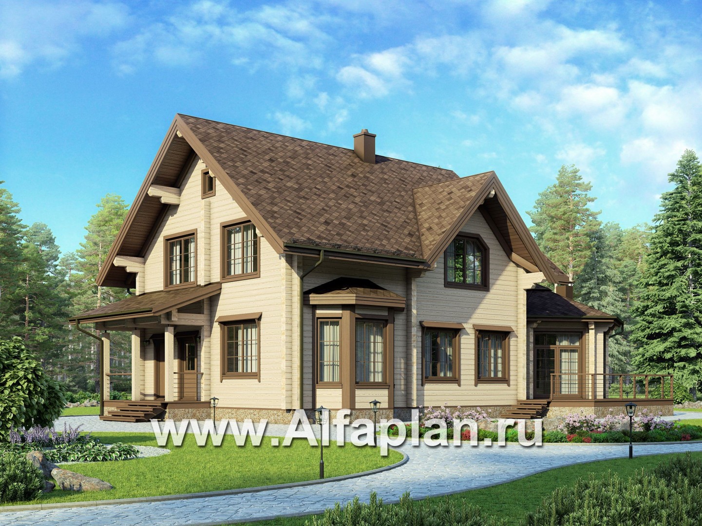 Проекты домов Альфаплан - Проект деревянного дома с уютной беседкой-барбекю - основное изображение