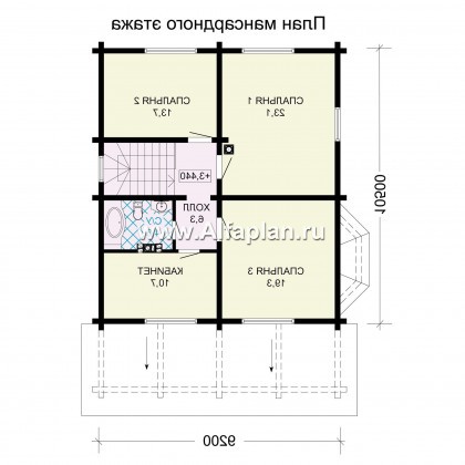 Проект двухэтажного дома из бруса, планировка с кабинетом и с эркером, терраса со стороны входа - превью план дома