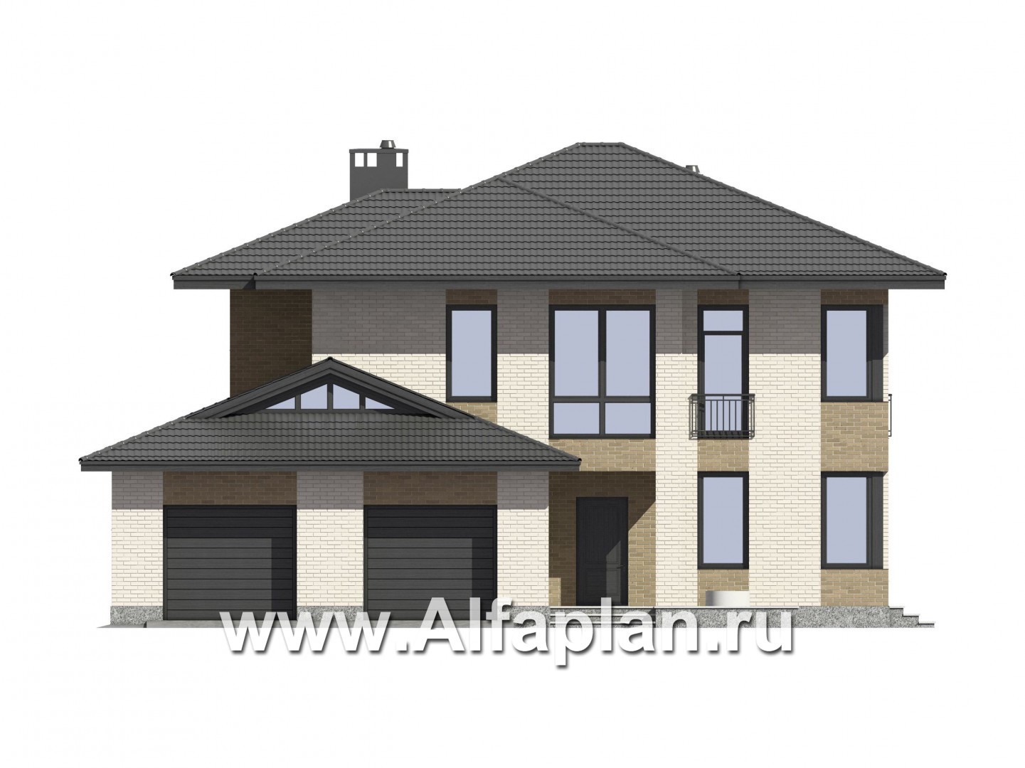 Проекты домов Альфаплан - Проект двухэтажного  дома с угловым остеклением - изображение фасада №1