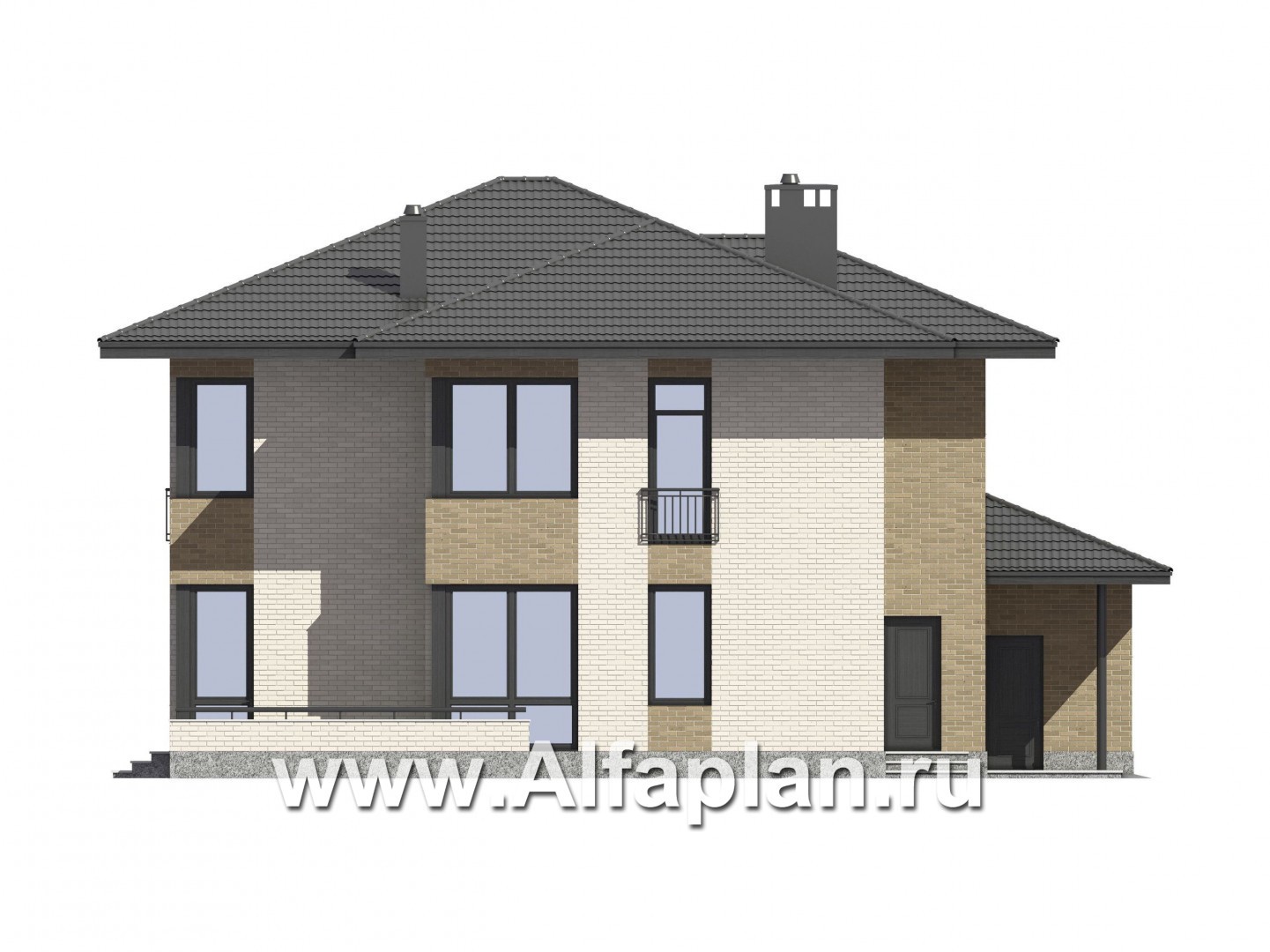 Проекты домов Альфаплан - Проект двухэтажного  дома с угловым остеклением - изображение фасада №3