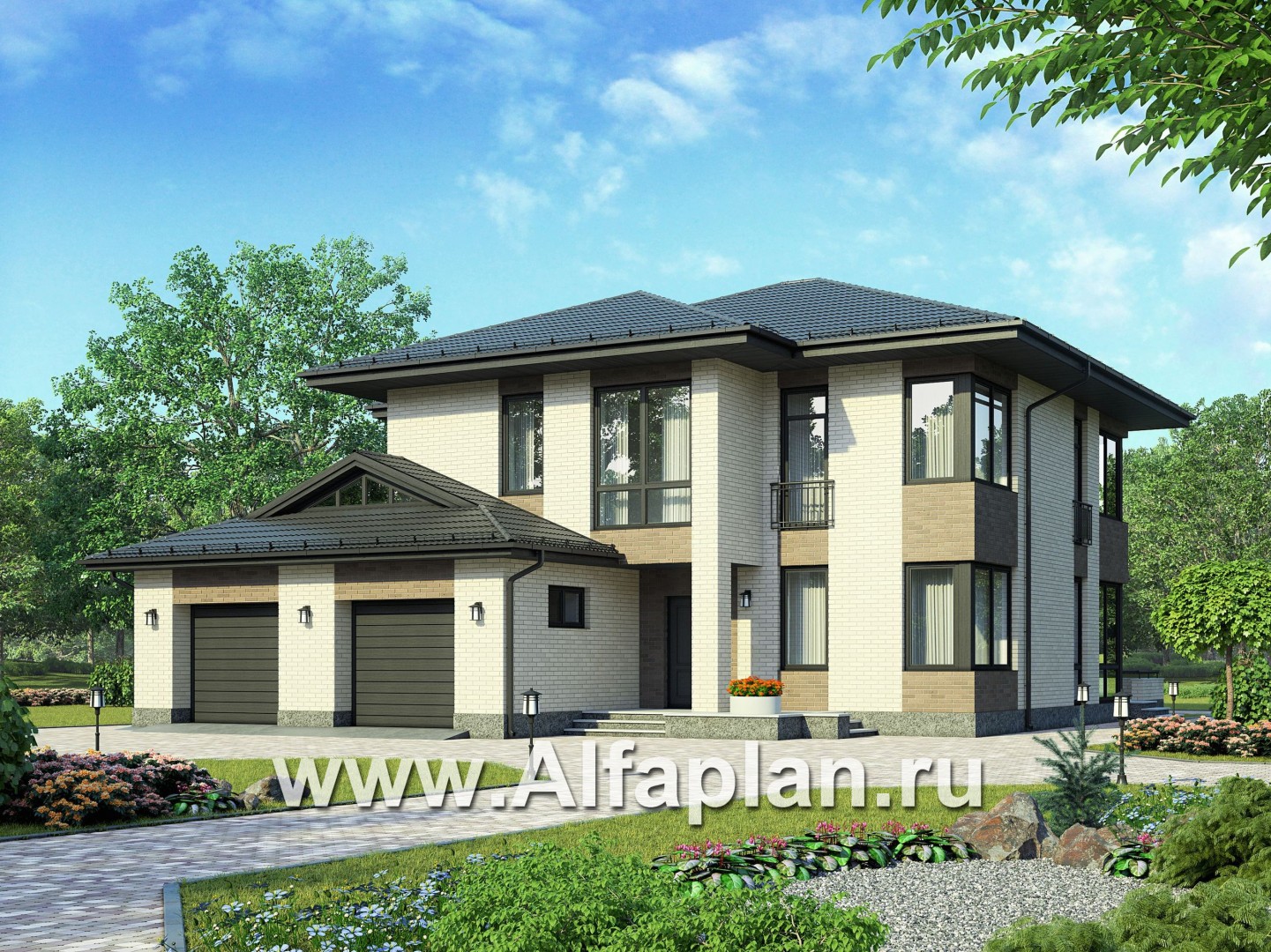 Проекты домов Альфаплан - Проект двухэтажного  дома с угловым остеклением - основное изображение