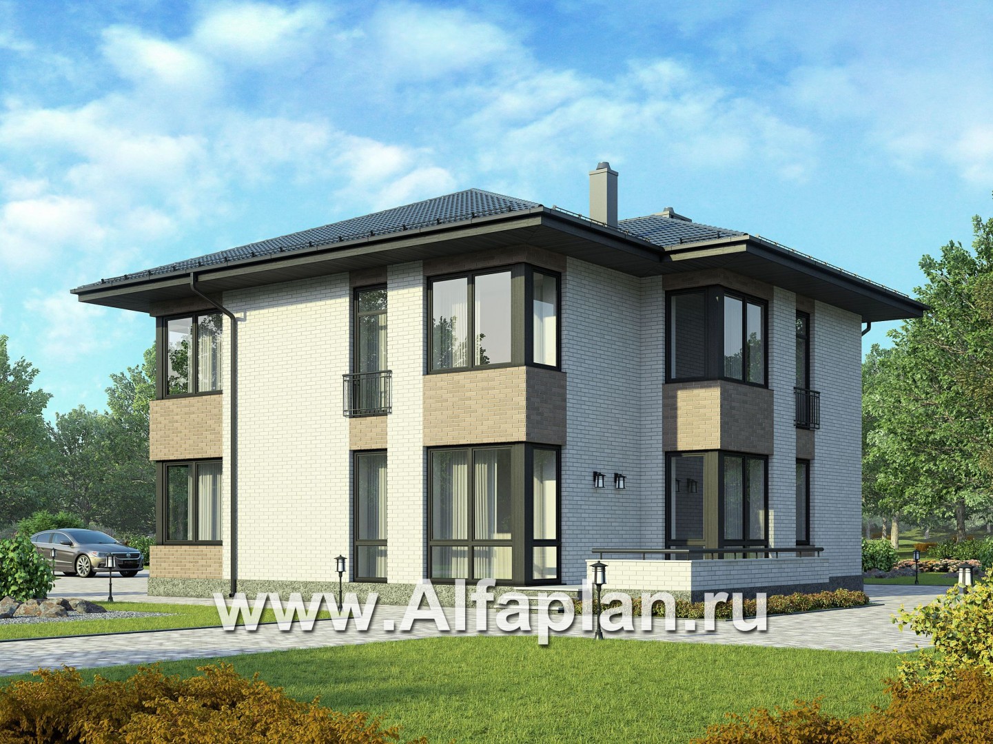 Проекты домов Альфаплан - Проект двухэтажного  дома с угловым остеклением - дополнительное изображение №1