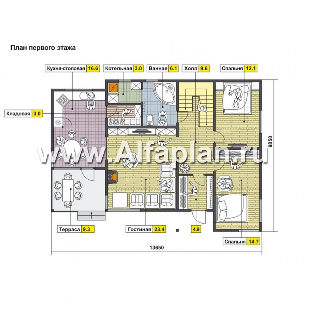 Проекты домов Альфаплан - Проект мансардного дома  с 4 спальми - план проекта №1