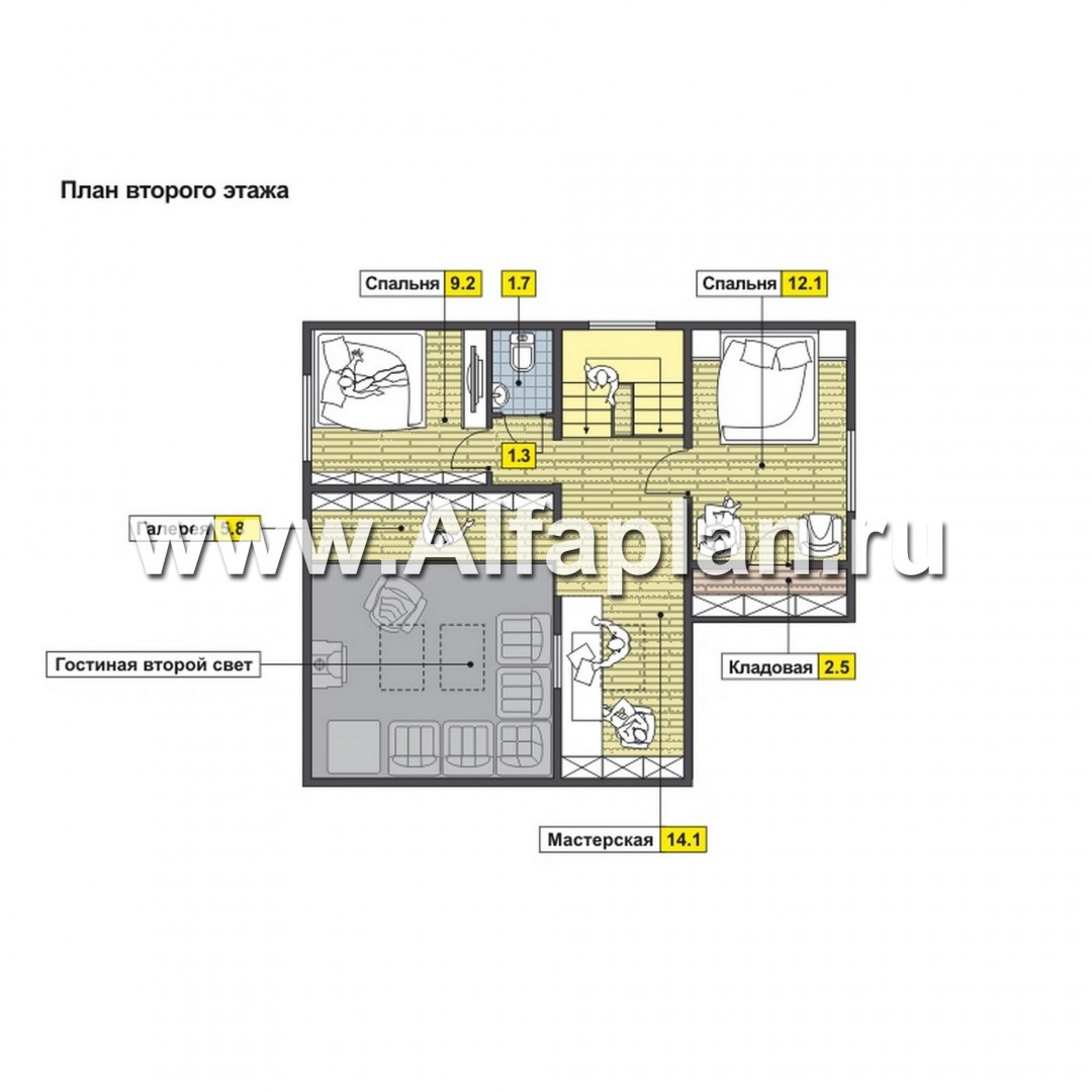 Проекты домов Альфаплан - Проект мансардного дома  с 4 спальми - план проекта №2