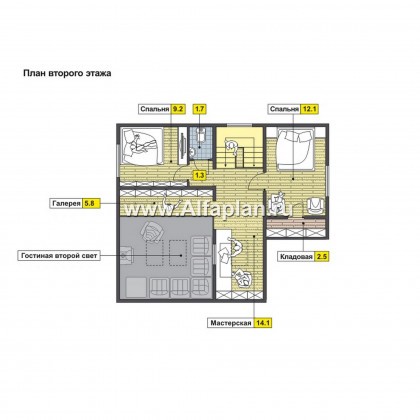 Проекты домов Альфаплан - Проект мансардного дома  с 4 спальми - превью плана проекта №2