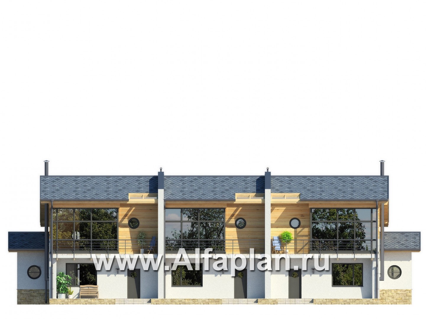 Проекты домов Альфаплан - Двухэтажный коттедж на 3 семьи - изображение фасада №1