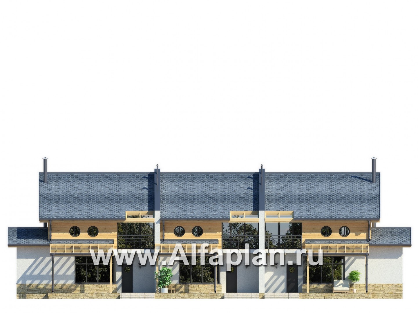 Проекты домов Альфаплан - Двухэтажный коттедж на 3 семьи - изображение фасада №4