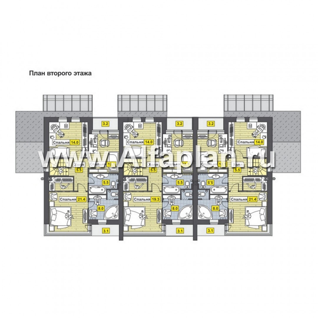 Проекты домов Альфаплан - Двухэтажный коттедж на 3 семьи - изображение плана проекта №2