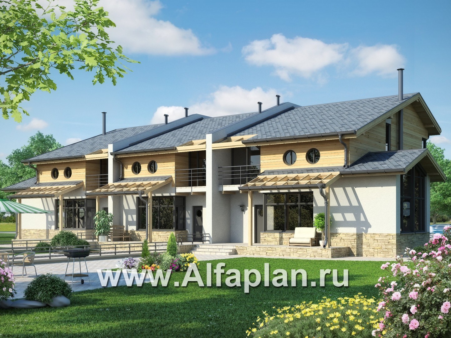 Проекты домов Альфаплан - Двухэтажный коттедж на 3 семьи - дополнительное изображение №1