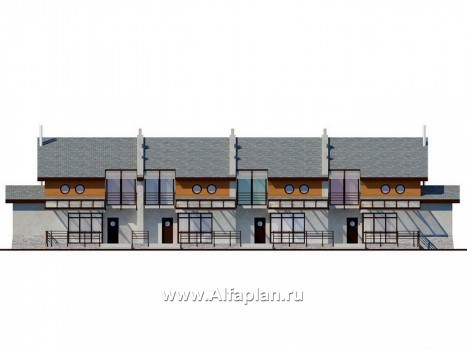 Проект дома с мансардой, современный таунхаус на 4 семьи, в стиле минимализм - превью фасада дома - фото №4