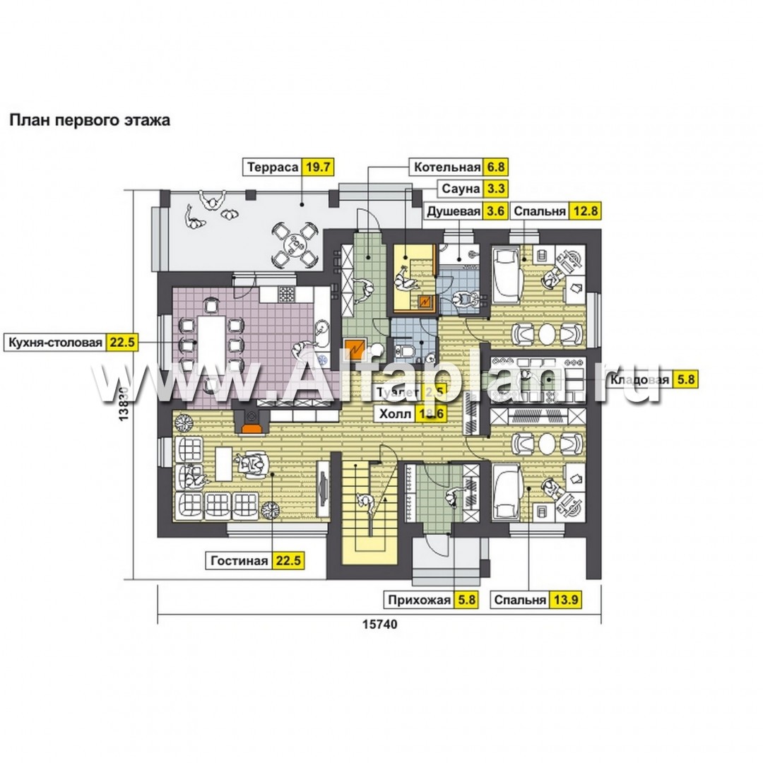 Проекты домов Альфаплан - Коттедж с двусветной гостиной и столовой - план проекта №1